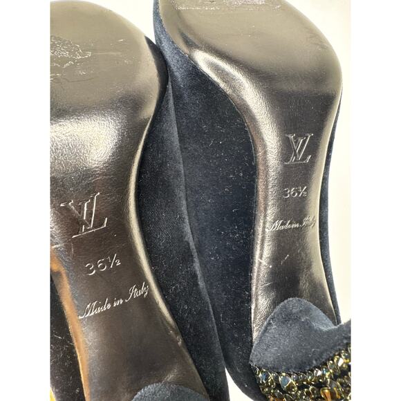 Louis Vuitton Black Blue Nuit Frill Mink Pompom Pumps Heels Size 35.5 Runway - Picture 4 of 12